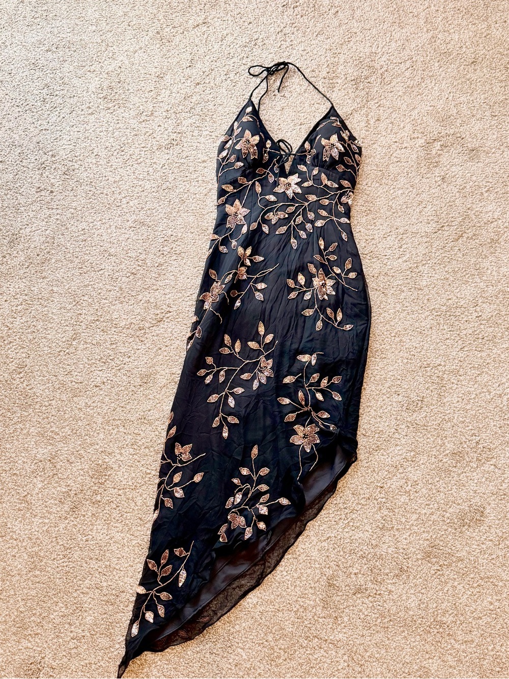 Vintage Y2K CACHE Black Floral Embroidered Halter Slip Dress